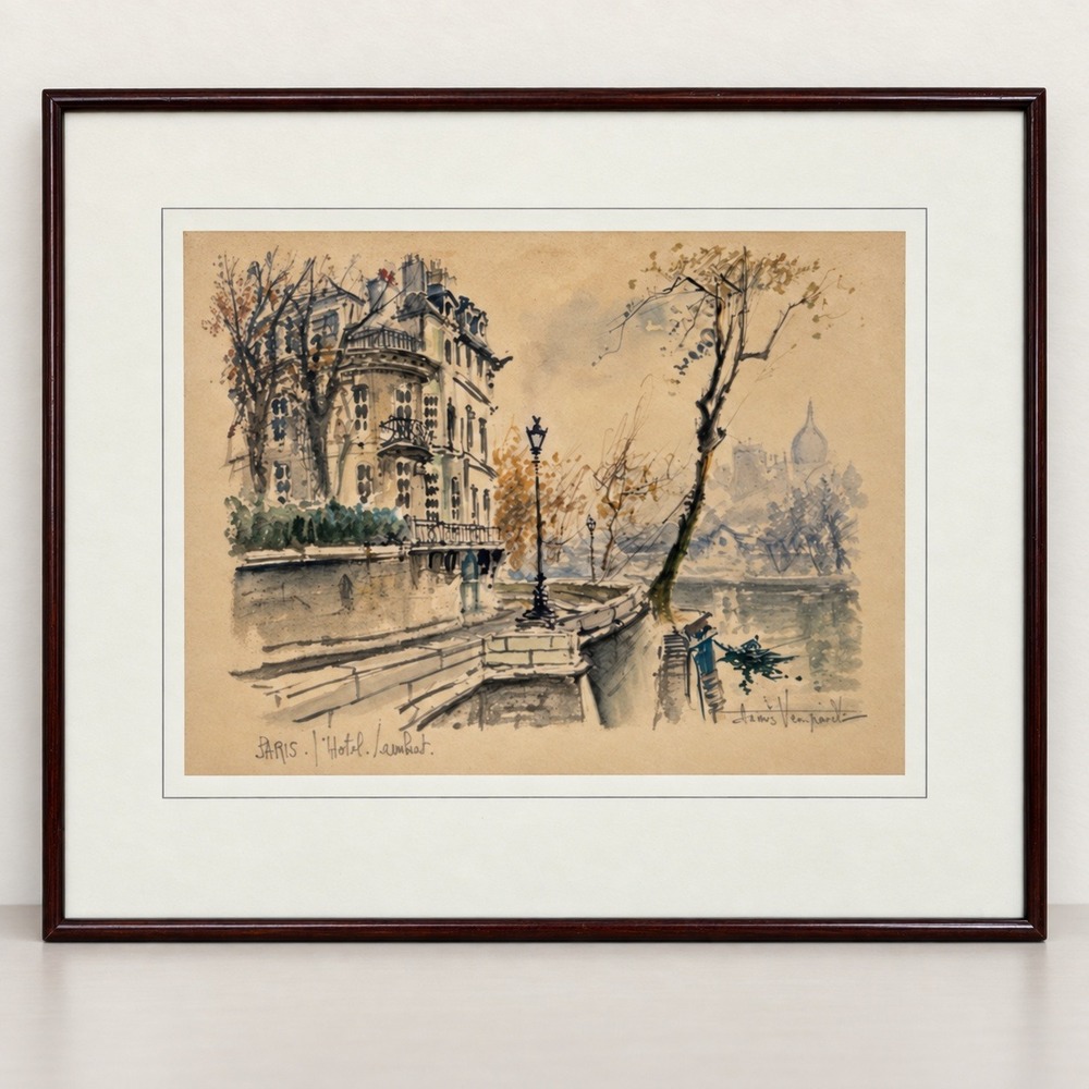VTG Denis Verpsecht Hotel Lambert Paris Watercolor Ink Signed Framed Painting